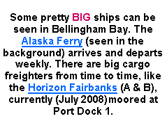 Text Box: Some pretty BIG ships can be seen in Bellingham Bay. The Alaska Ferry (seen in the background) arrives and departs weekly. There are big cargo freighters from time to time, like the Horizon Fairbanks (A & B), currently (July 2008)moored at Port Dock 1.