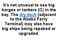 Text Box: Its not unusual to see big barges or tankers (C) in the bay. The dry dock (adjacent to the Alaska Ferry Terminal) may also have big ships being repaired or upgraded.