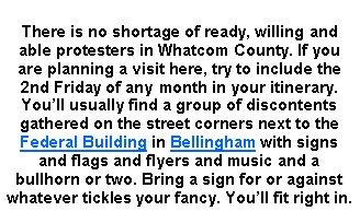 Text Box: There is no shortage of ready, willing and able protesters in Whatcom County. If you are planning a visit here, try to include the 2nd Friday of any month in your itinerary. Youll usually find a group of discontents gathered on the street corners next to the Federal Building in Bellingham with signs and flags and flyers and music and a bullhorn or two. Bring a sign for or against whatever tickles your fancy. Youll fit right in.